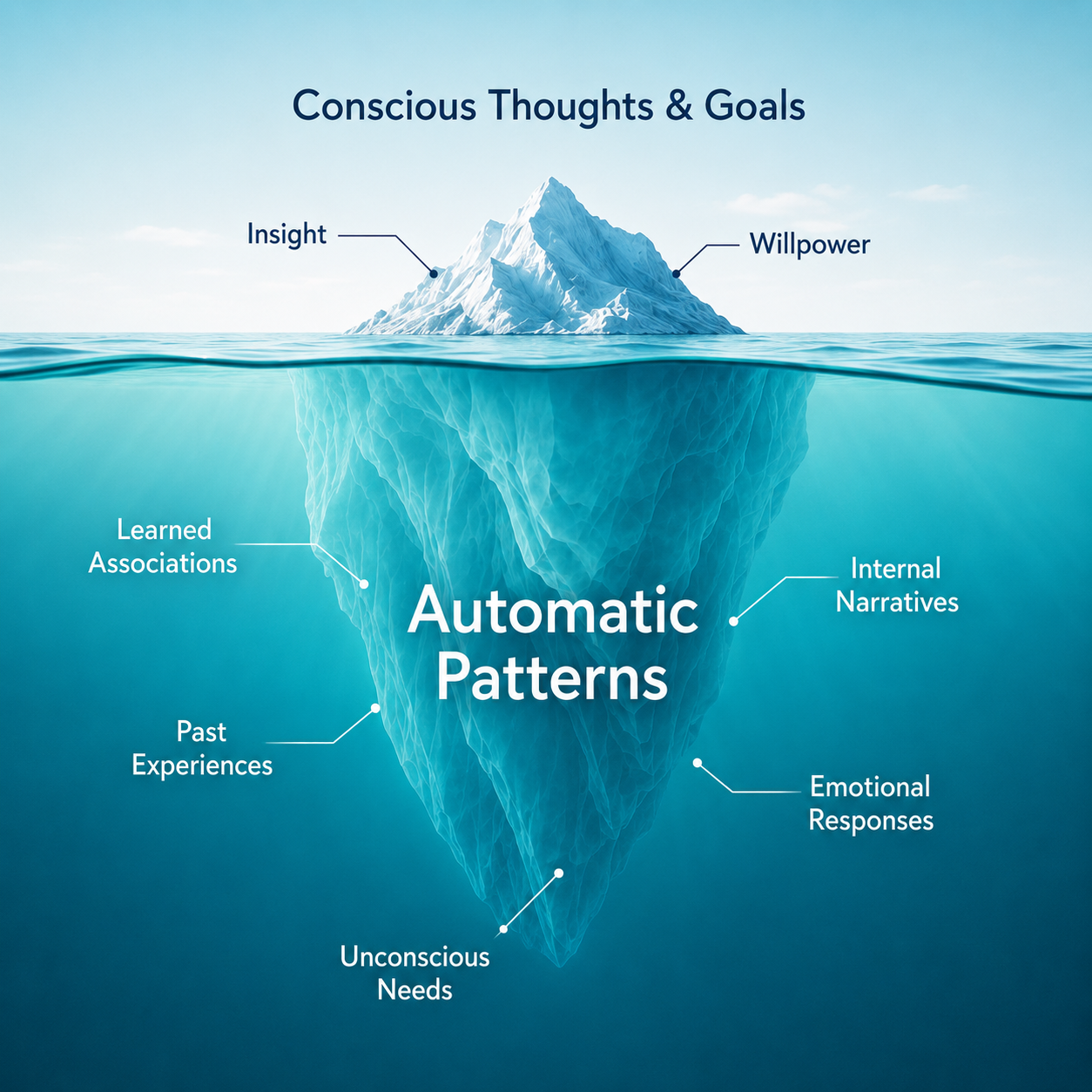 Iceberg diagram showing conscious thoughts and goals above the surface and automatic patterns, learned associations, past experiences, internal narratives, emotional responses, and unconscious needs below the surface