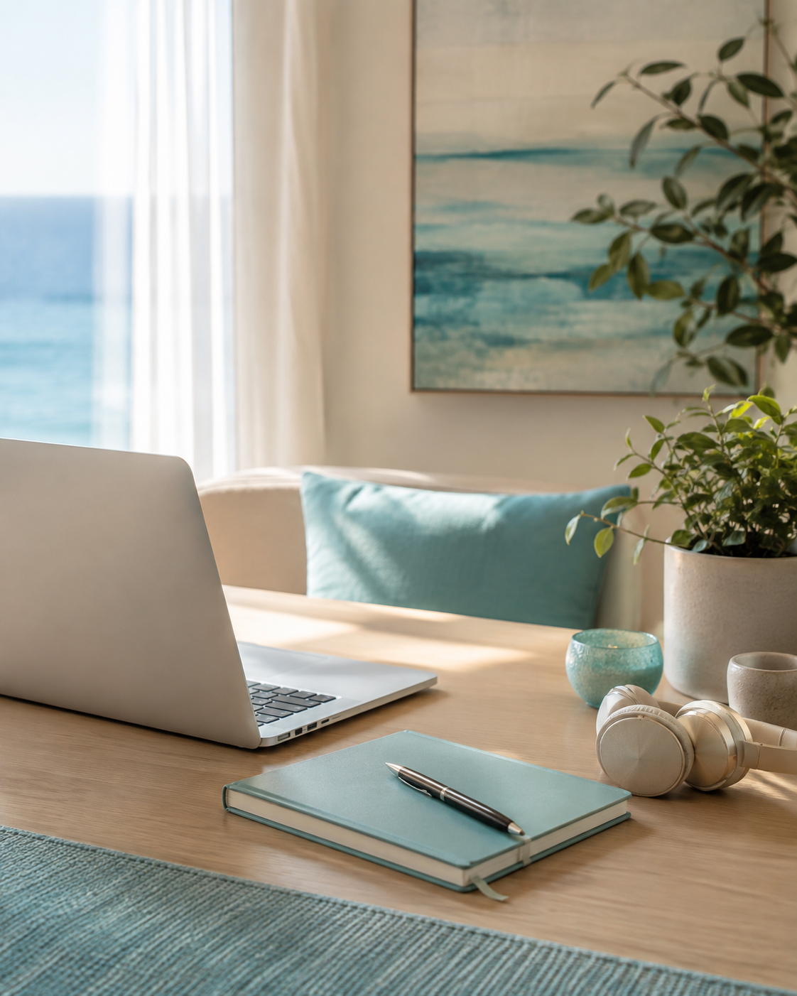 Calm online hypnotherapy workspace with laptop, notebook, headphones, and soft natural light