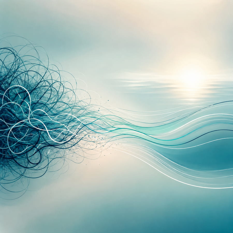 Abstract tangled lines gradually becoming a smooth clear path, symbolizing change from stuck patterns to clarity